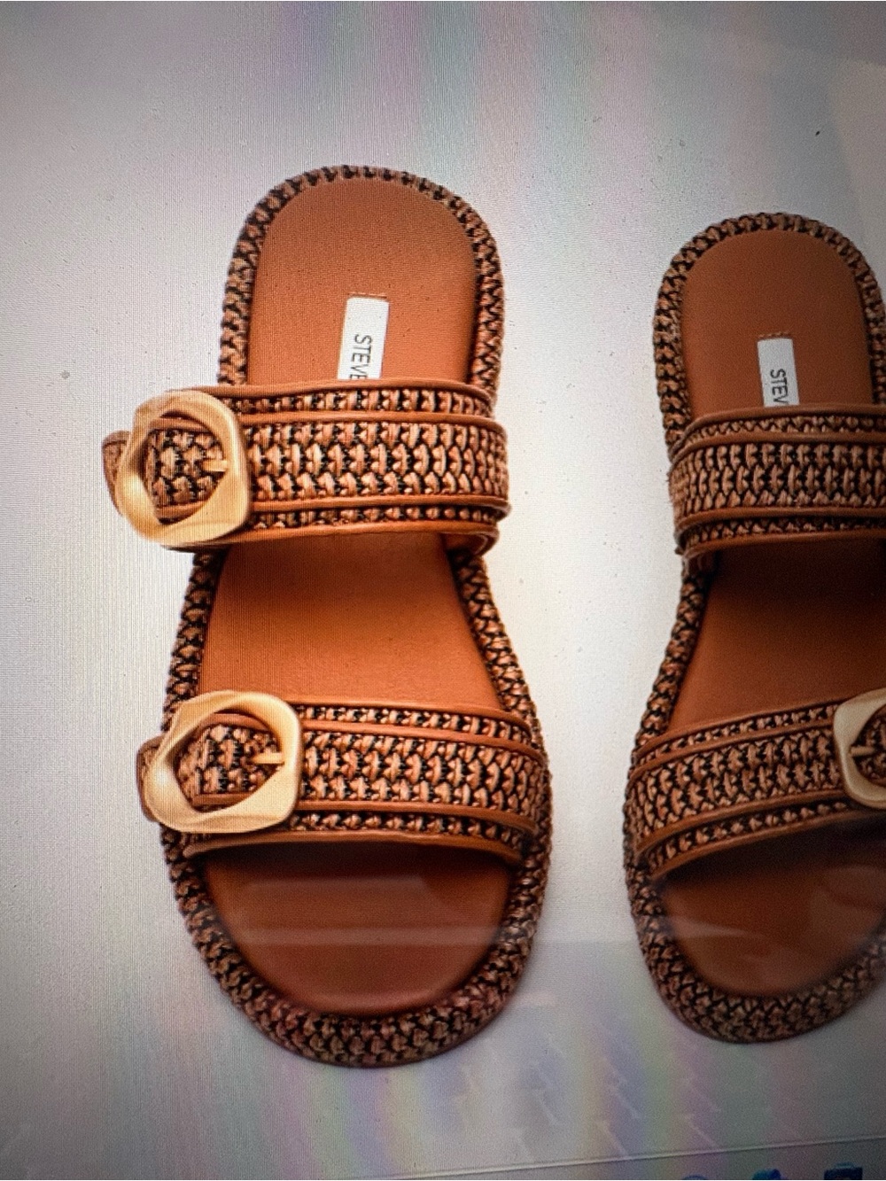 Steve Madden Veyam Brown Raffia Platform Slide Sandals with Gold Buckles